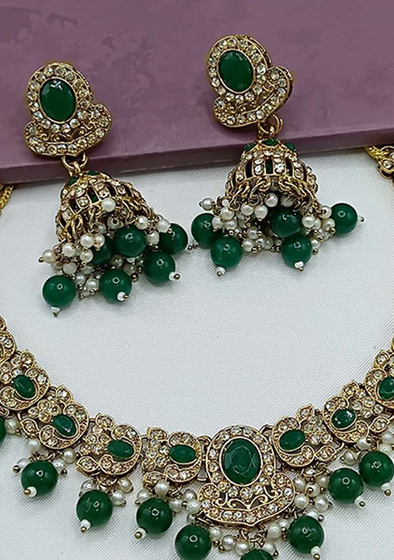 Green Gold Plated Stone Work Necklace Set - Indya