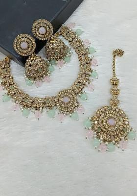Light Pink And Sea Green Gold Plated Stone Work Necklace Set