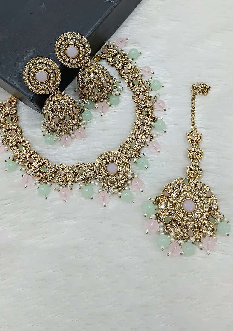 Light Pink And Sea Green Gold Plated Stone Work Necklace Set - Indya
