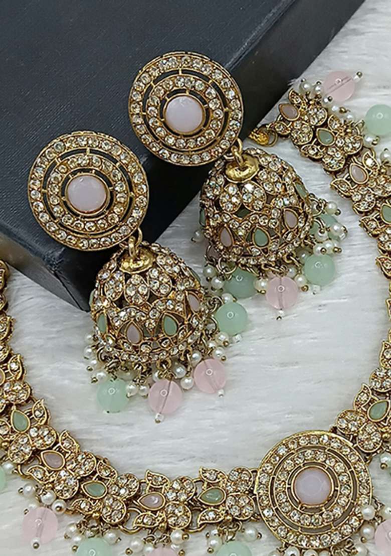 Light Pink And Sea Green Gold Plated Stone Work Necklace Set - Indya