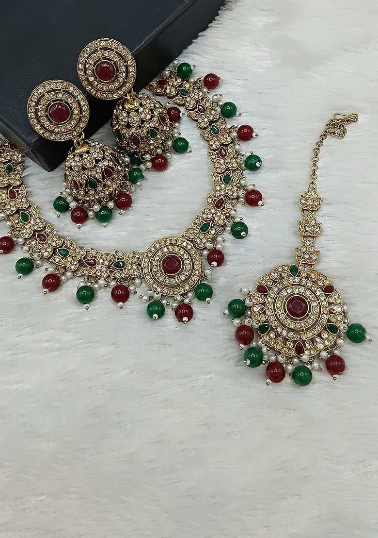 Maroon And Green Gold Plated Stone Work Necklace Set - Indya
