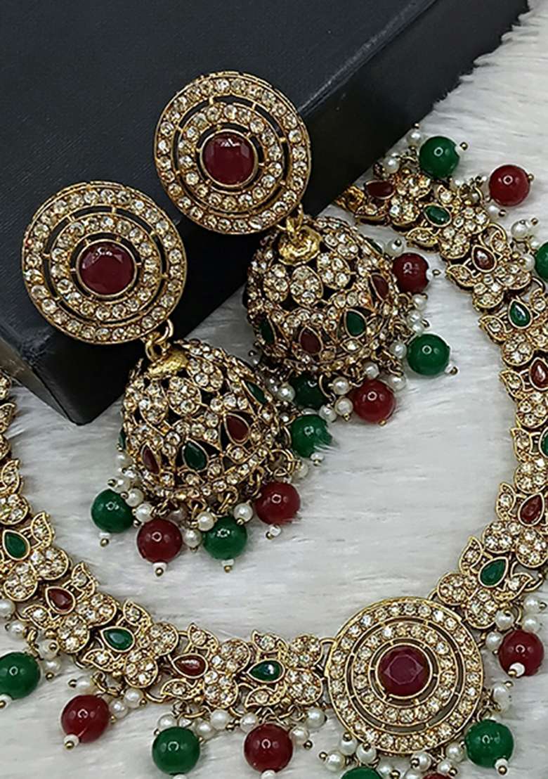Maroon And Green Gold Plated Stone Work Necklace Set - Indya