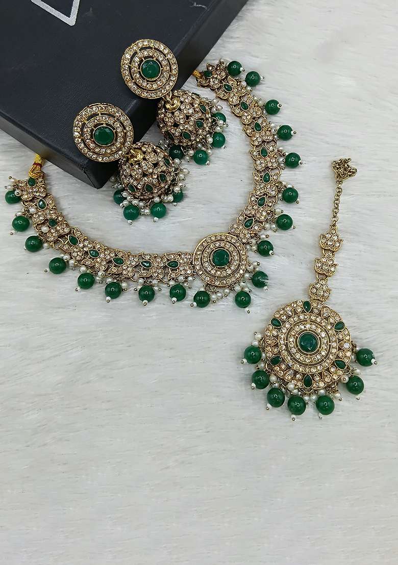 Green Gold Plated Stone Work Necklace Set - Indya