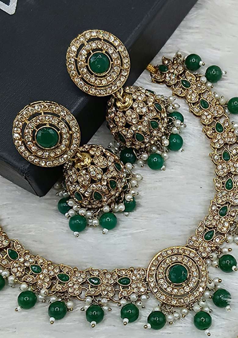 Green Gold Plated Stone Work Necklace Set - Indya