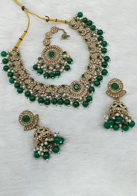 Green Gold Plated Stone Work Necklace Set