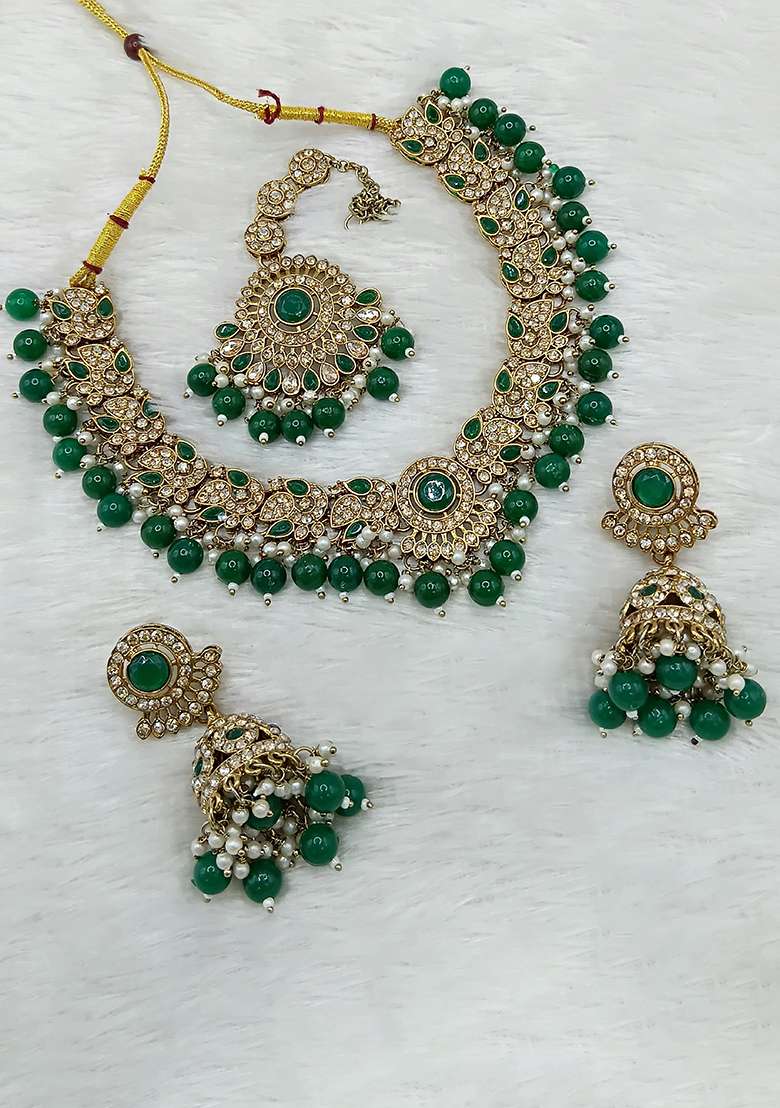 Green Gold Plated Stone Work Necklace Set - Indya