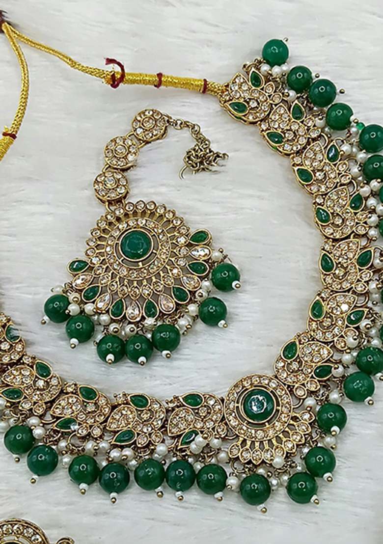 Green Gold Plated Stone Work Necklace Set - Indya