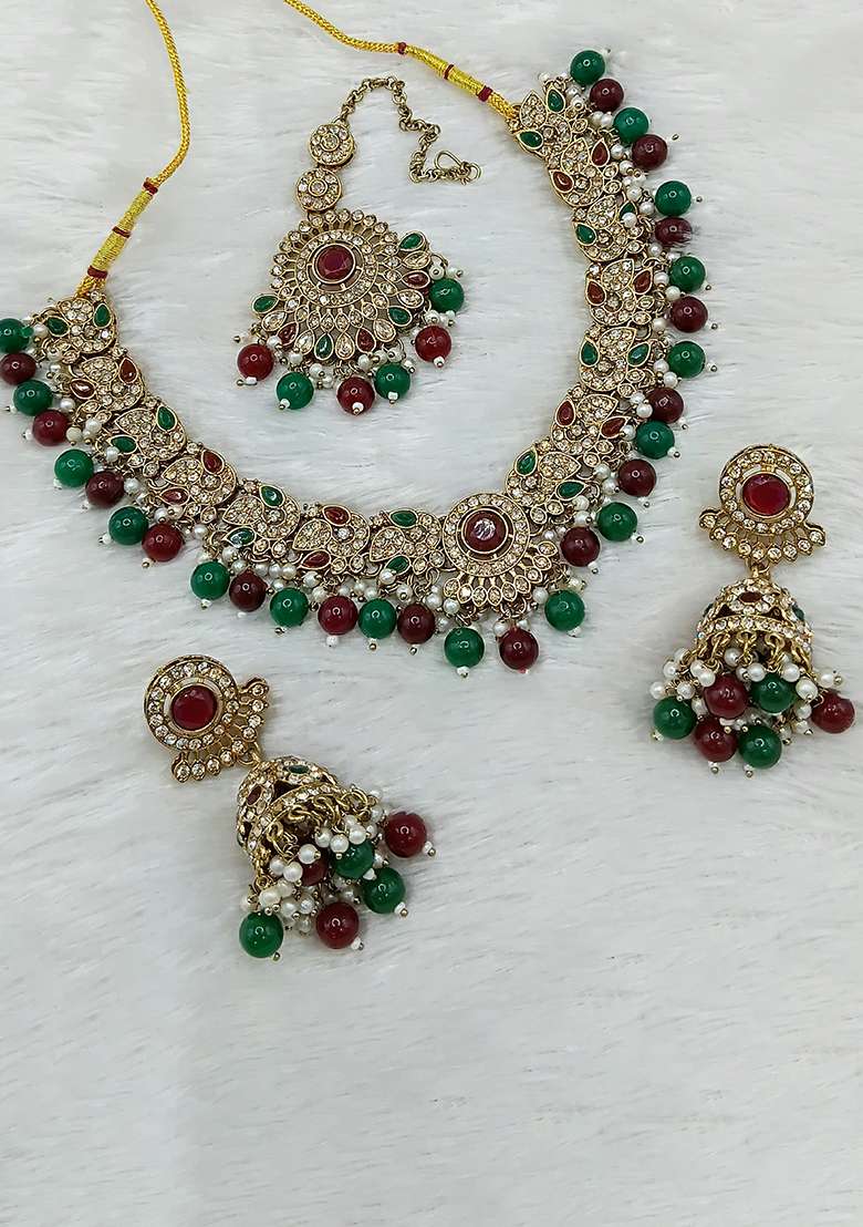 Maroon And Green Gold Plated Stone Work Necklace Set - Indya