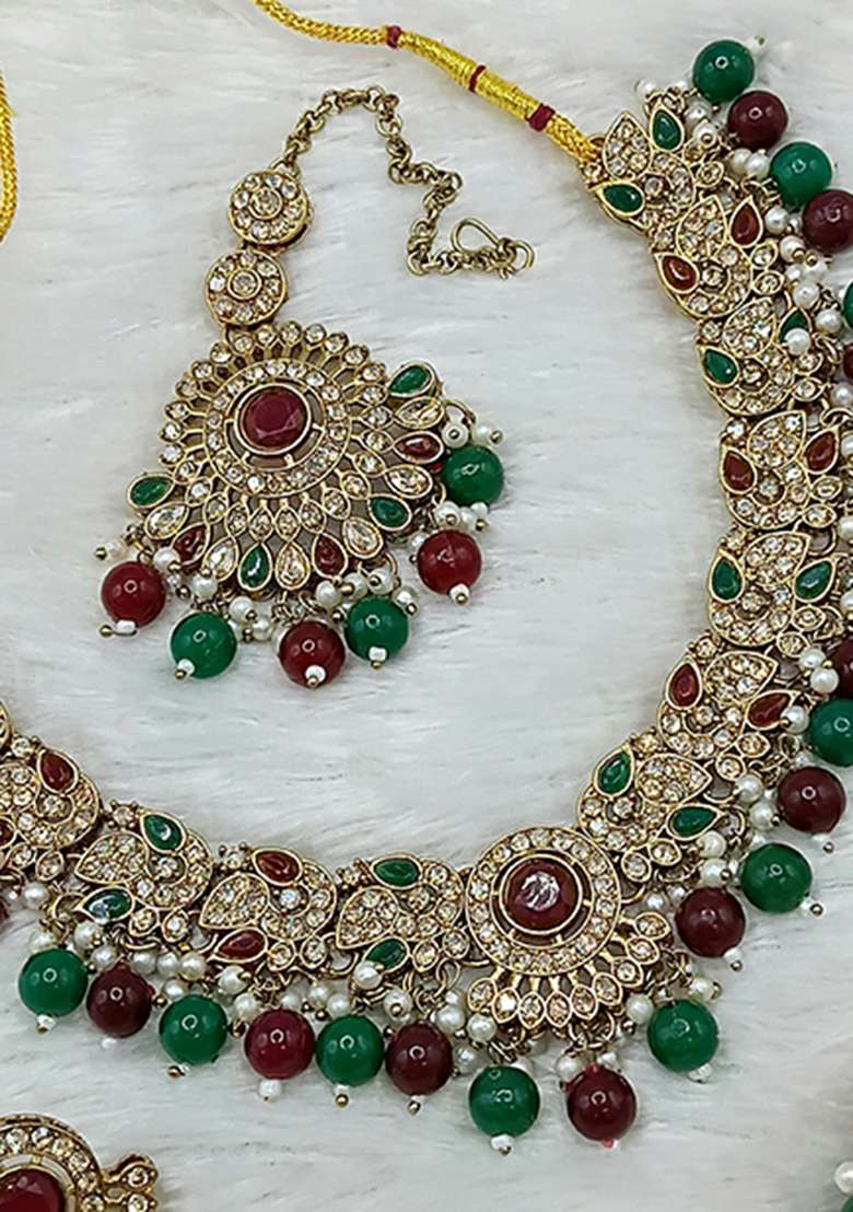 Maroon And Green Gold Plated Stone Work Necklace Set - Indya