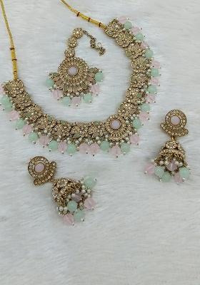 Light Pink And Sea Green Gold Plated Stone Work Necklace Set