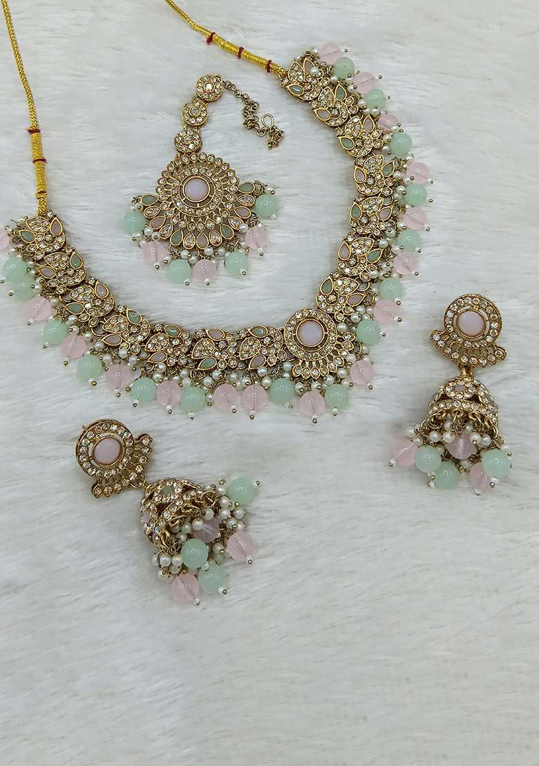 Light Pink And Sea Green Gold Plated Stone Work Necklace Set - Indya