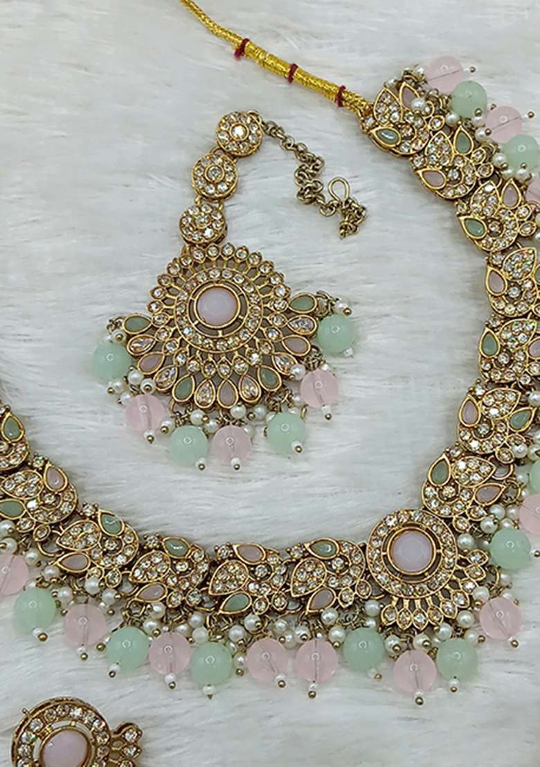 Light Pink And Sea Green Gold Plated Stone Work Necklace Set - Indya