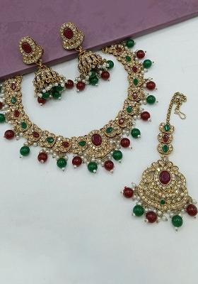 Maroon And Green Gold Plated Stone Work Necklace Set