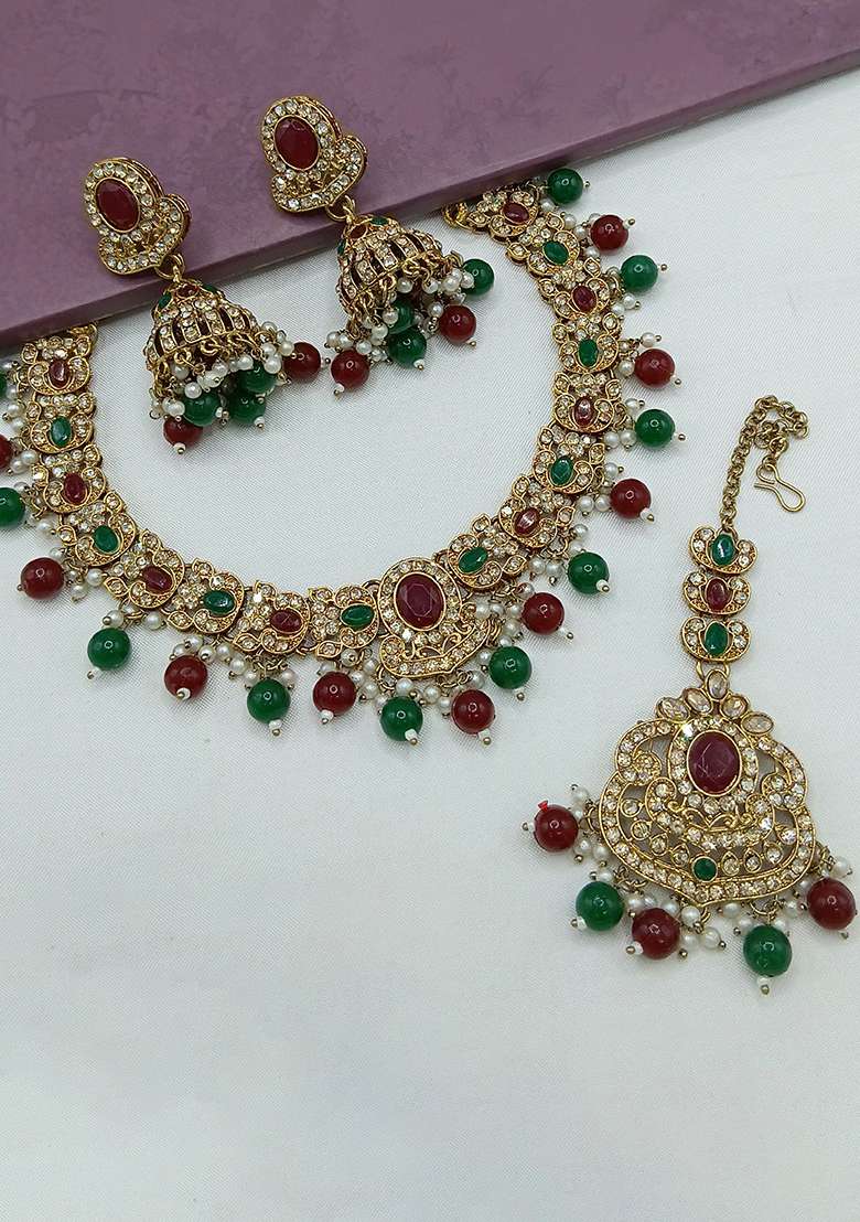 Maroon And Green Gold Plated Stone Work Necklace Set - Indya