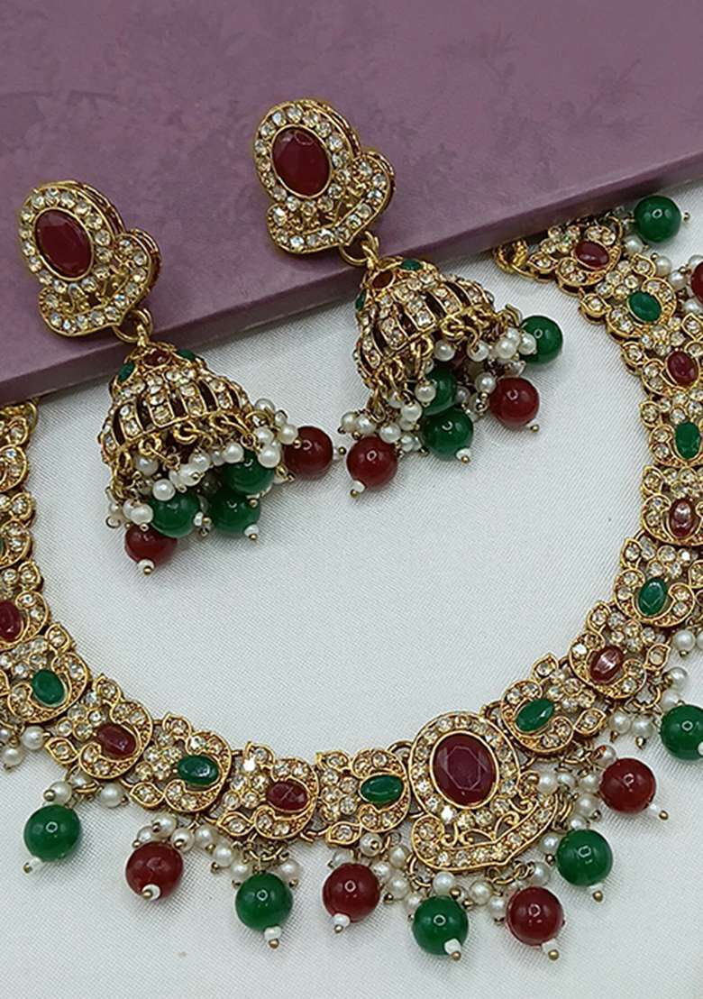 Maroon And Green Gold Plated Stone Work Necklace Set - Indya