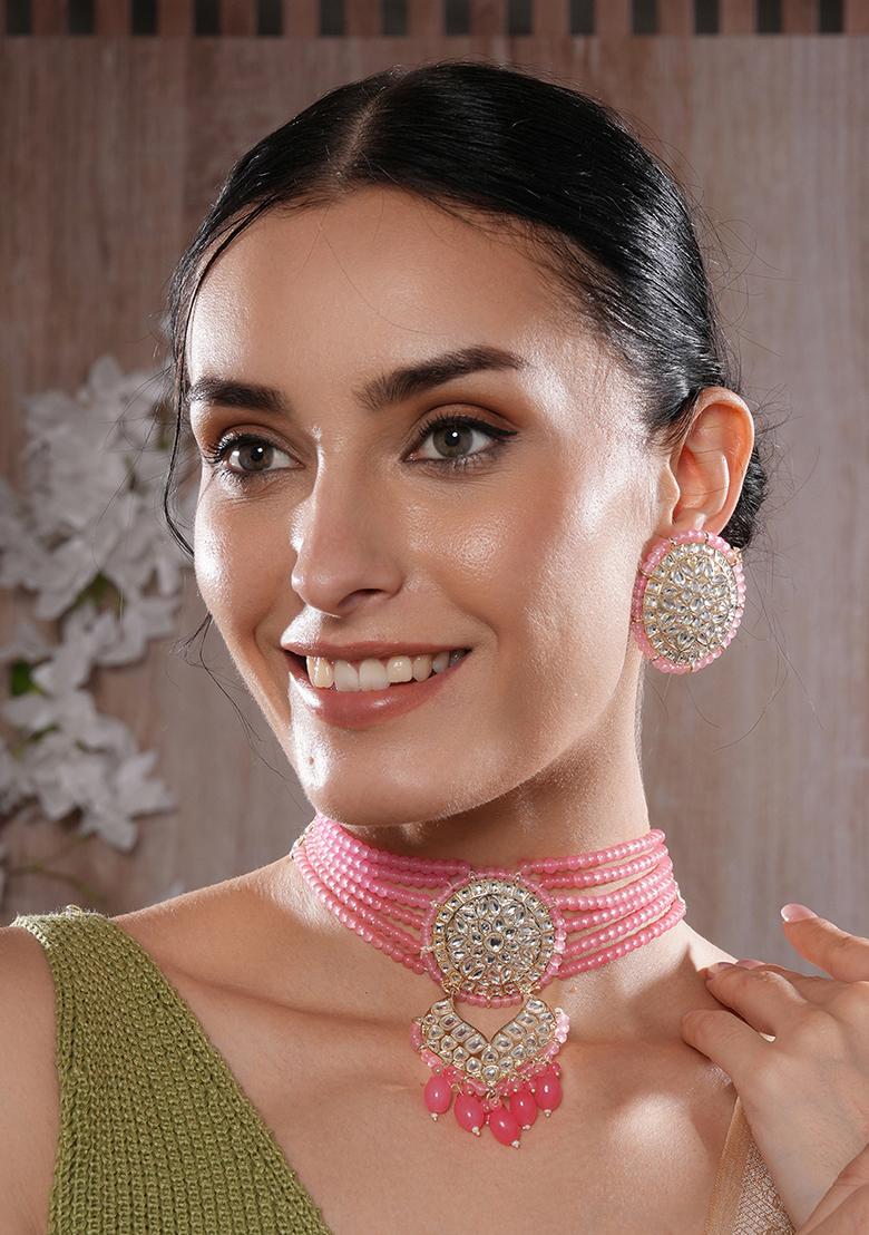 Gold Plated Baby Pink Kundan Studded And Beaded Necklace And Earrings Set