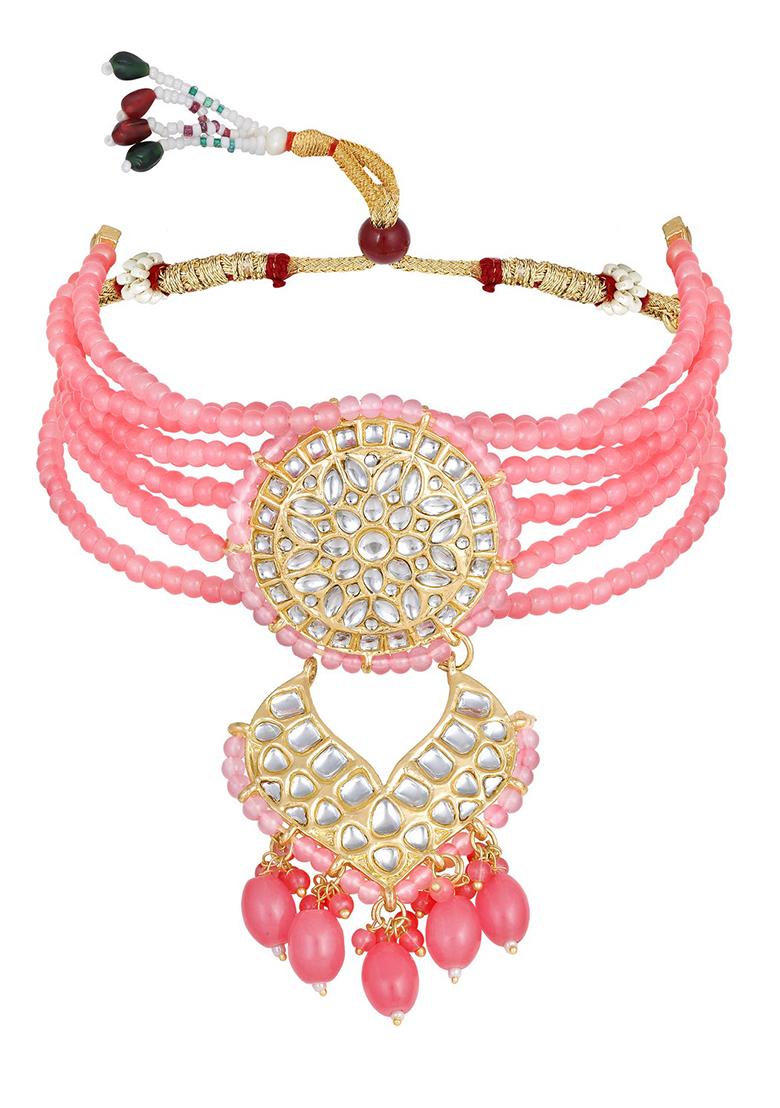 Gold Plated Baby Pink Kundan Studded And Beaded Necklace And Earrings Set