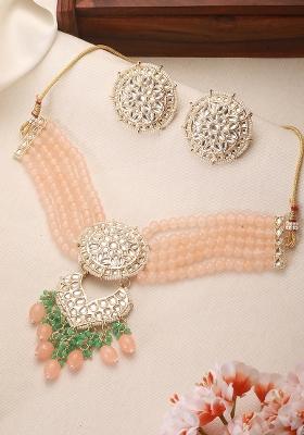 Gold Plated Kundan Studded And Beaded Necklace And Earrings Set