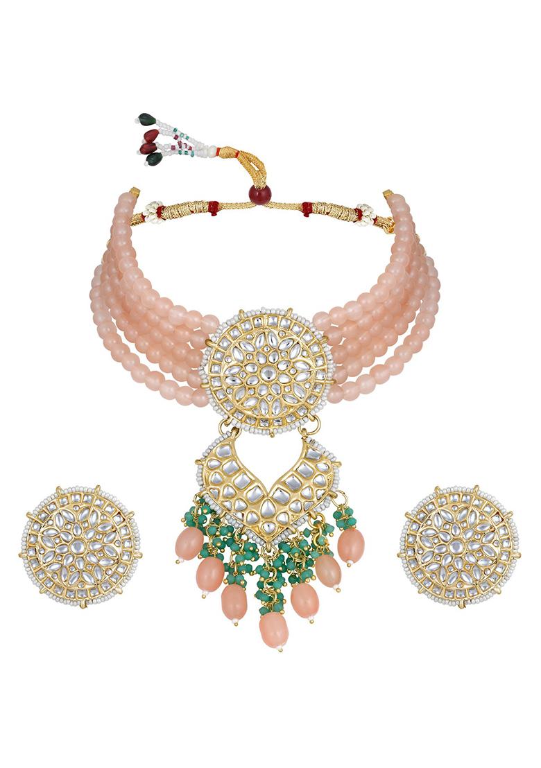 Gold Plated Kundan Studded And Beaded Necklace And Earrings Set