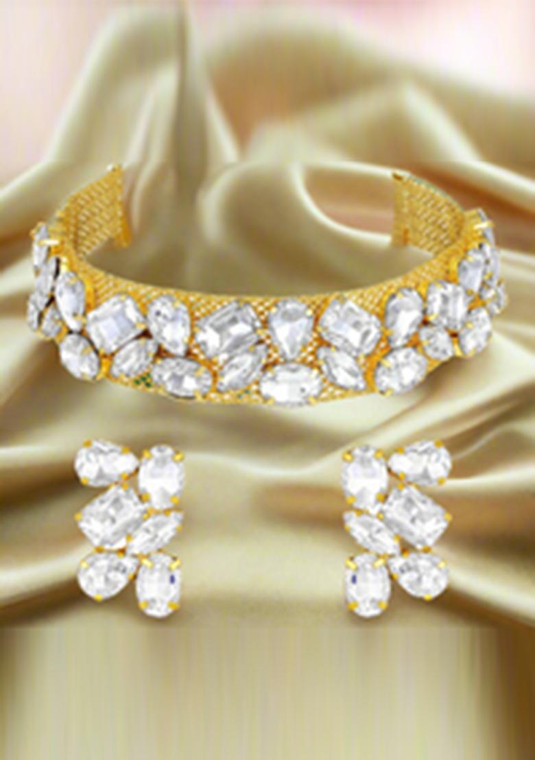 Gold Plated Crystal Studded Necklace And Earrings Set