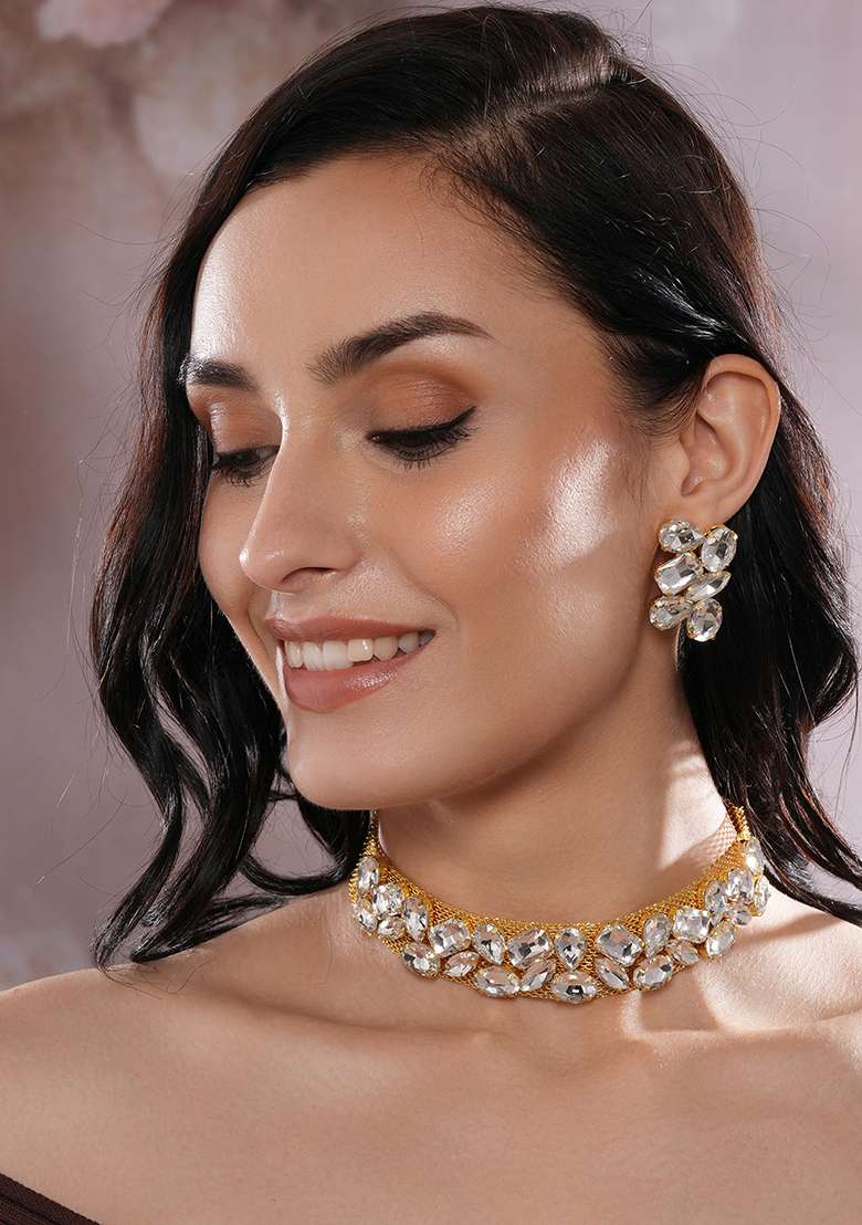 Gold Plated Crystal Studded Necklace And Earrings Set - Indya