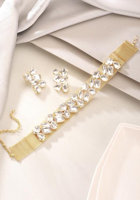 Gold Plated Crystal Studded Necklace And Earrings Set
