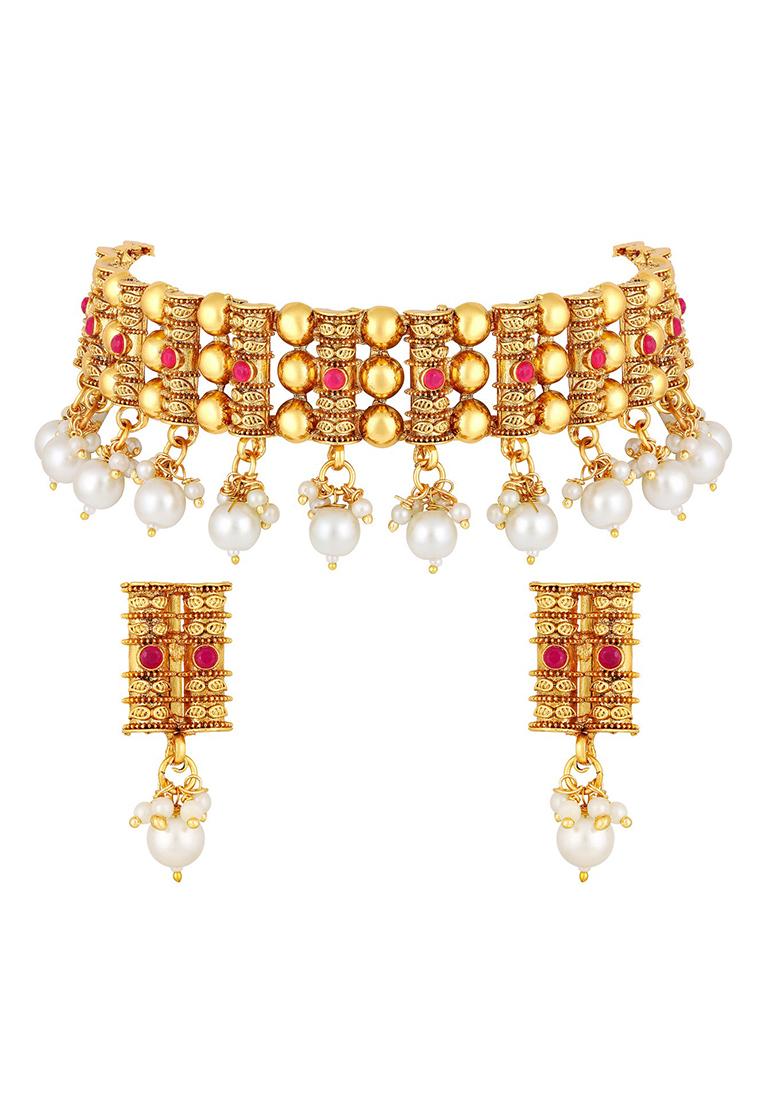 Gold Plated Stone Studded And Pearl Beaded Necklace And Earrings Set