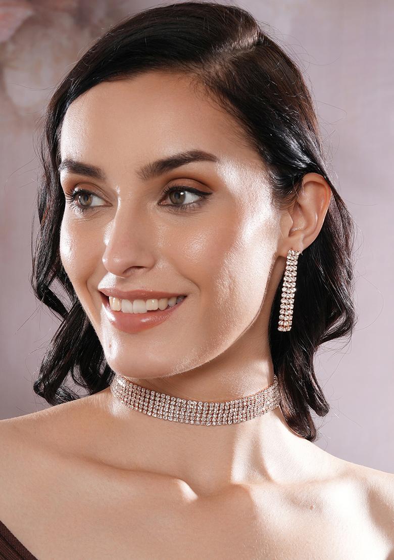 Rosegold Plated Crystal And Zirconia Studded Multistrand Jewellery Set