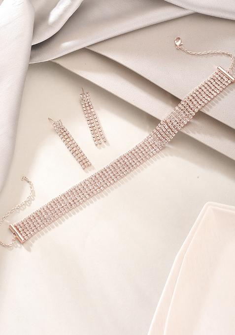 Rosegold Plated Crystal And Zirconia Studded Multistrand Jewellery Set