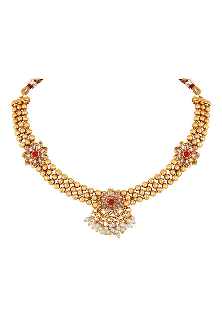 Gold Plated Kundan And Pearl Beaded Floral Jewellery Set