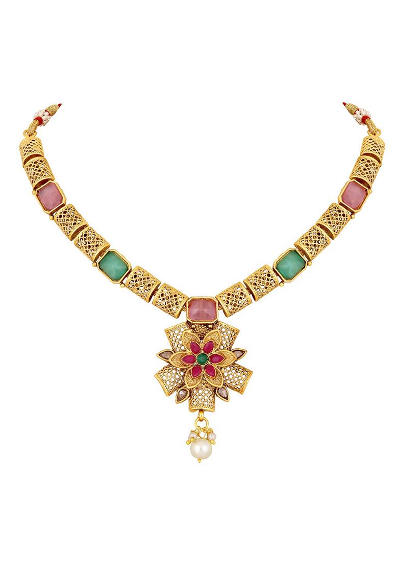 Gold Plated Kundan Studded Floral Shaped Jewellery Set