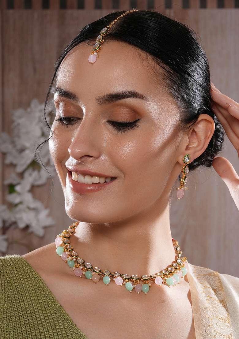 Gold Plated Kundan Studded And Beaded Jewellery Set With Maangtikka - Indya