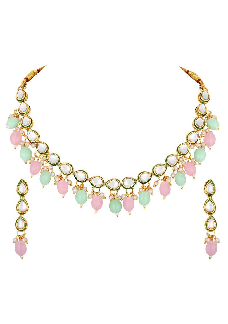 Gold Plated Kundan Studded And Beaded Jewellery Set With Maangtikka