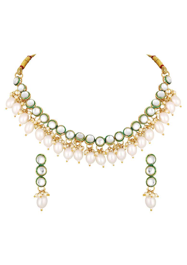 Gold Plated Circular Kundan Studded And Beaded Jewellery Set - Indya