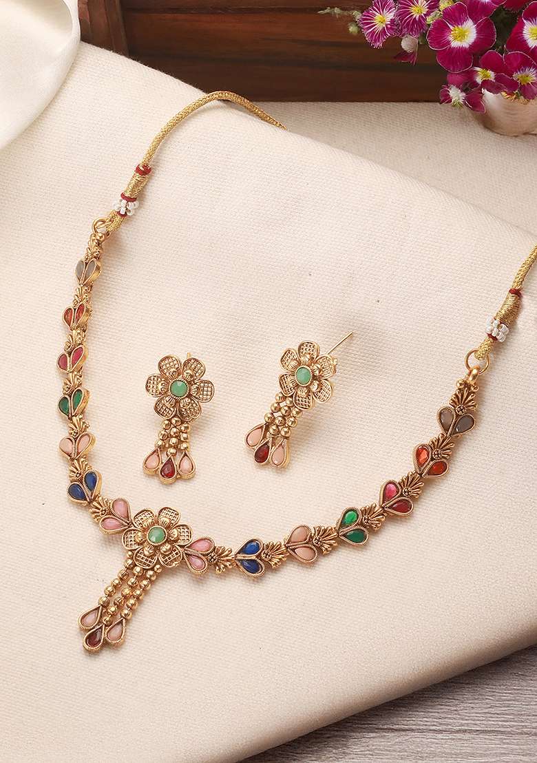 Gold Plated Multicolor Floralfilgiree Necklace Set - Indya
