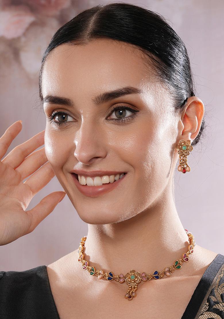 Gold Plated Multicolor Floralfilgiree Necklace Set