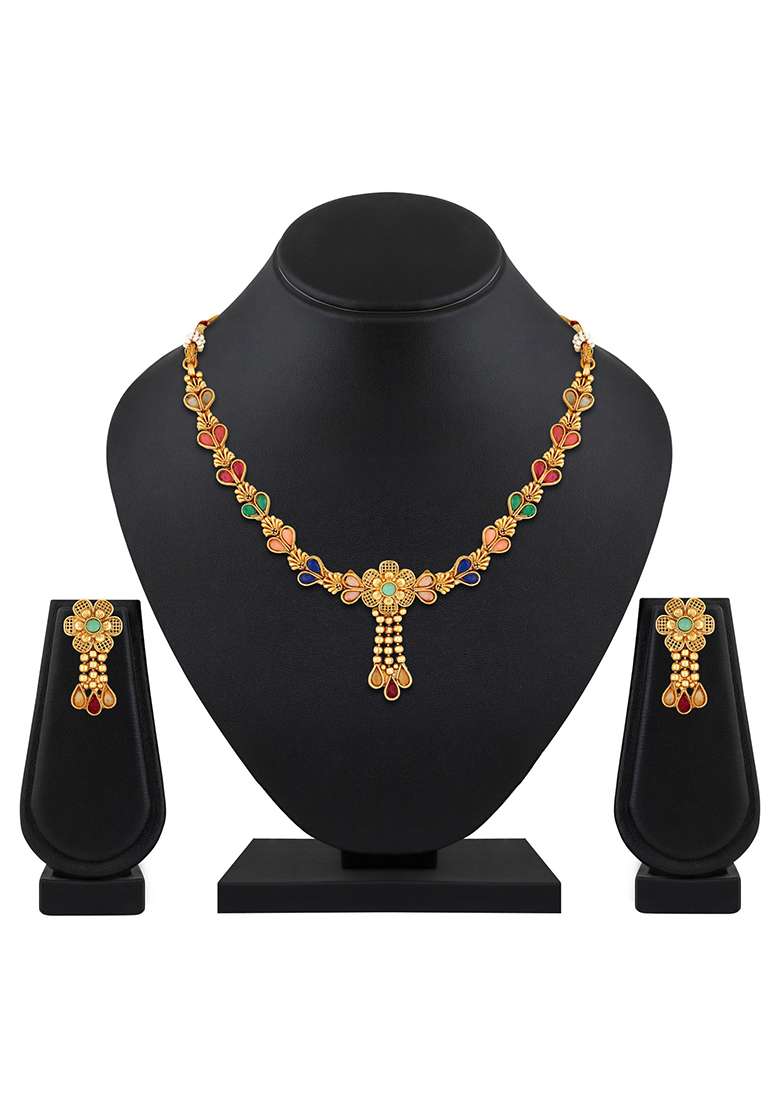 Gold Plated Multicolor Floralfilgiree Necklace Set - Indya