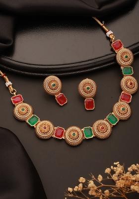 Gold Plated Multicolor Stone Studdedfloral Necklace Set