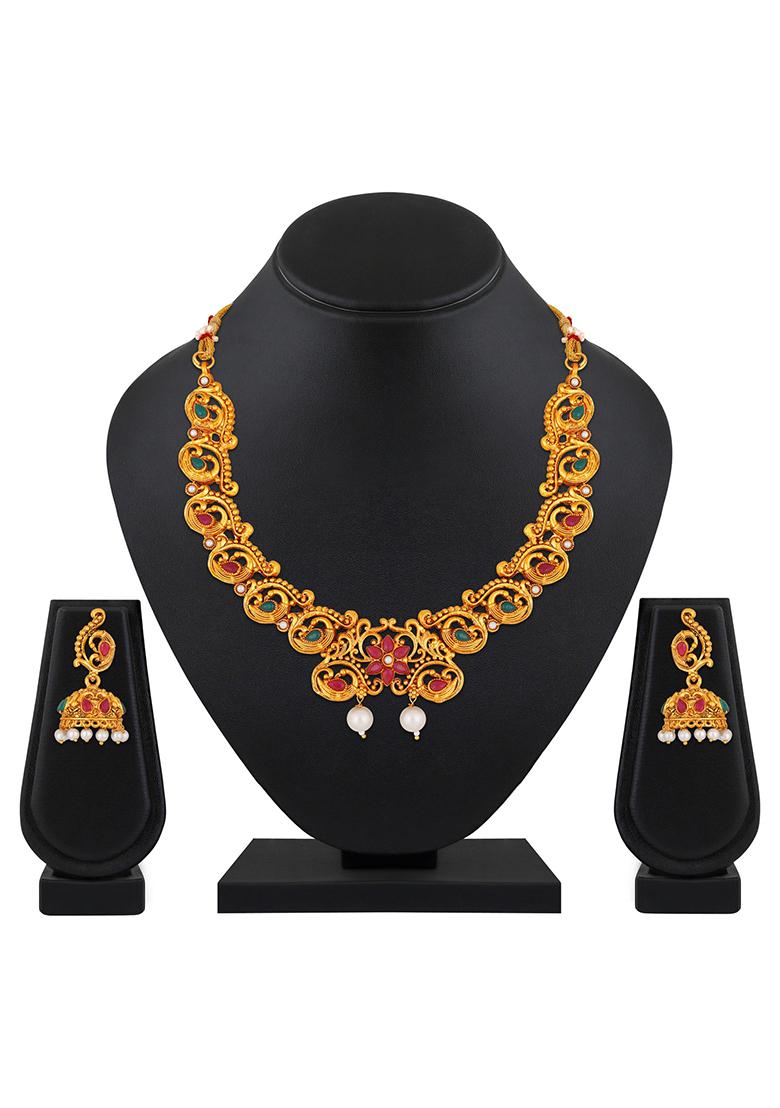 Gold Plated Multicolor Stone Studdedantique Peacock Necklace Set