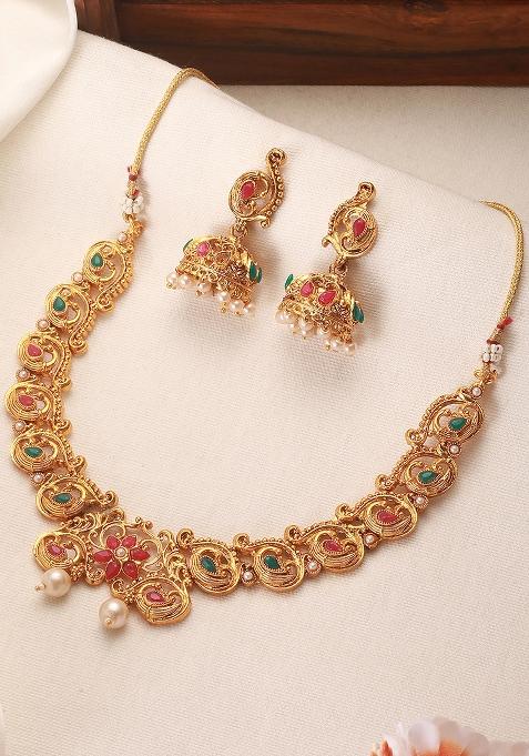 Gold Plated Multicolor Stone Studdedantique Peacock Necklace Set