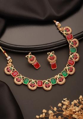 Gold Plated Red And Green Stone Studdedpeacock Necklace Set