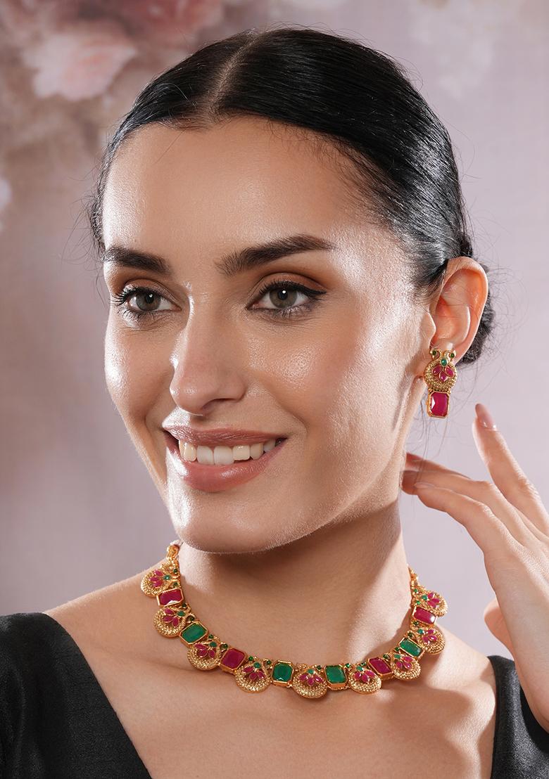 Gold Plated Red And Green Stone Studdedpeacock Necklace Set