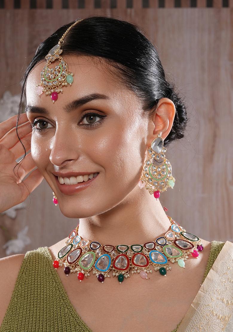 Gold Plated Multicoloured Stone Studded Jewellery Set With Maangtikka