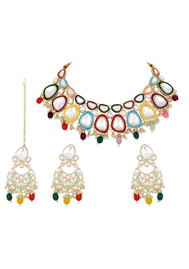 Gold Plated Multicoloured Stone Studded Jewellery Set With Maangtikka