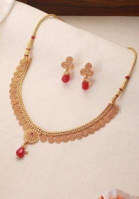 Gold Plated Red Stone Studdedspiral Necklace Set