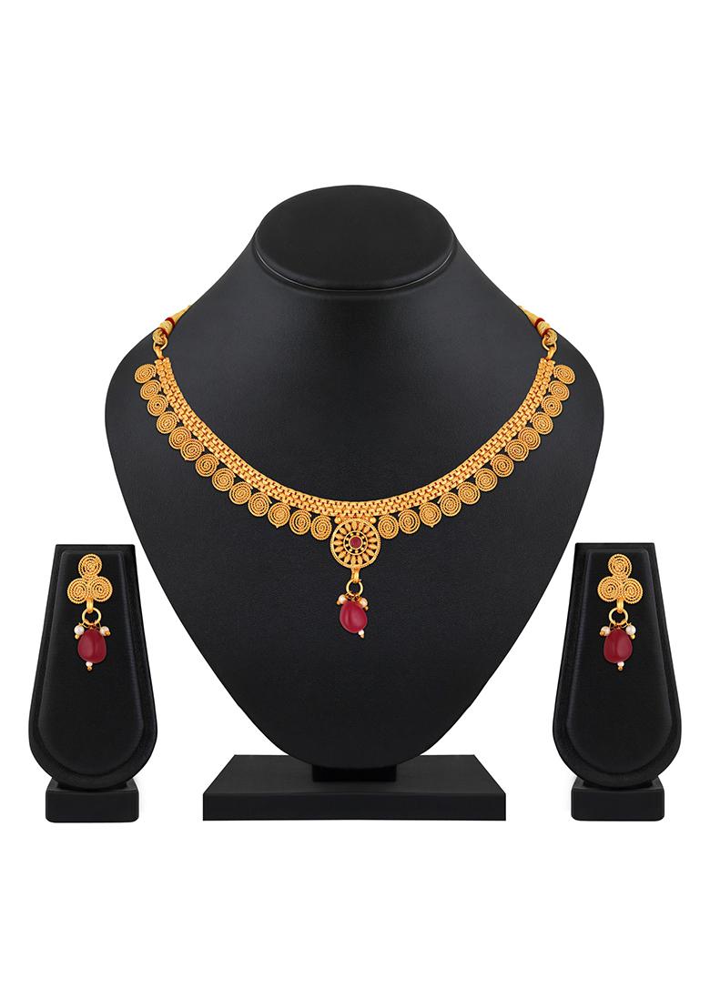 Gold Plated Red Stone Studdedspiral Necklace Set