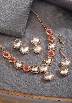 Gold Plated Red And White Stone Studded Jewellery Set With Manngtikka