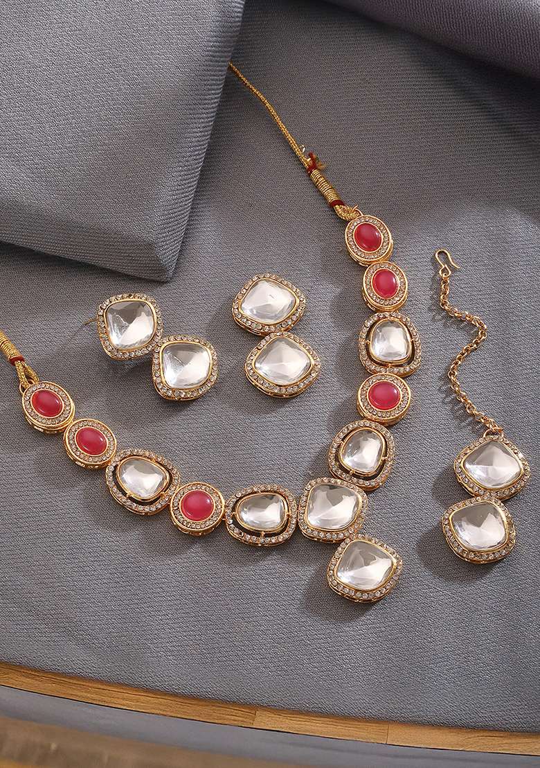Gold Plated Red And White Stone Studded Jewellery Set With Manngtikka - Indya