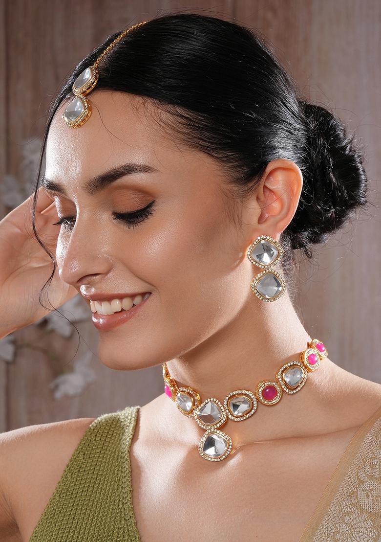 Gold Plated Red And White Stone Studded Jewellery Set With Manngtikka