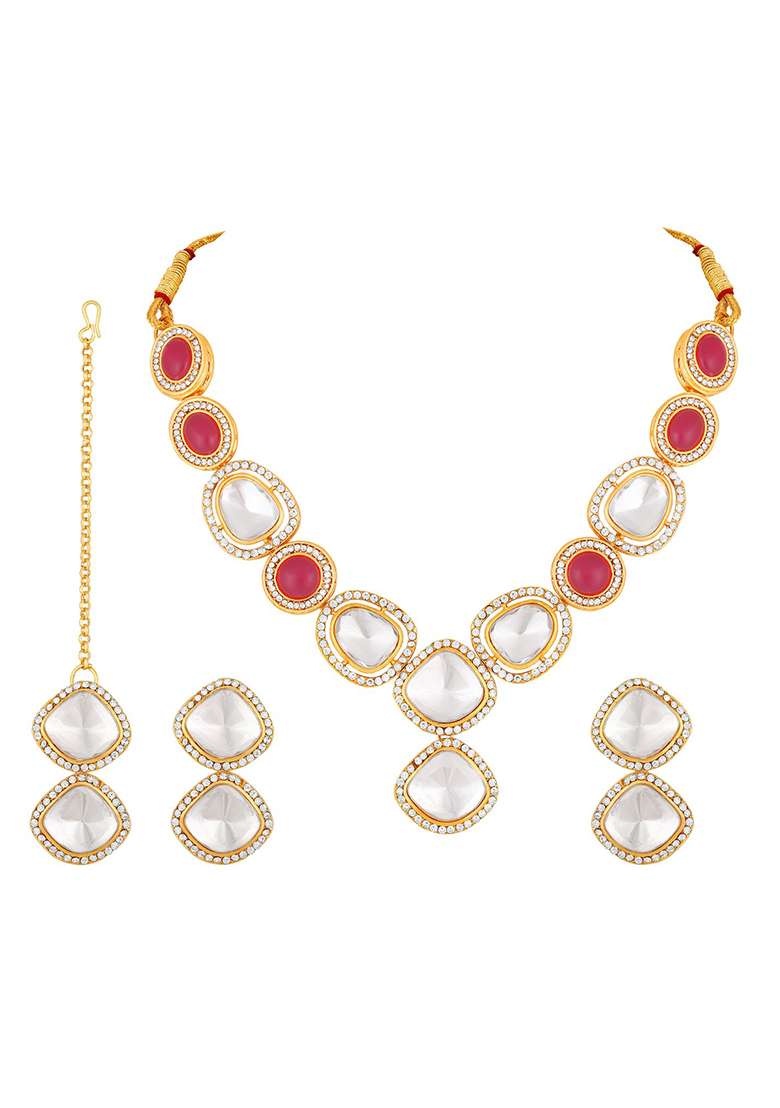 Gold Plated Red And White Stone Studded Jewellery Set With Manngtikka - Indya